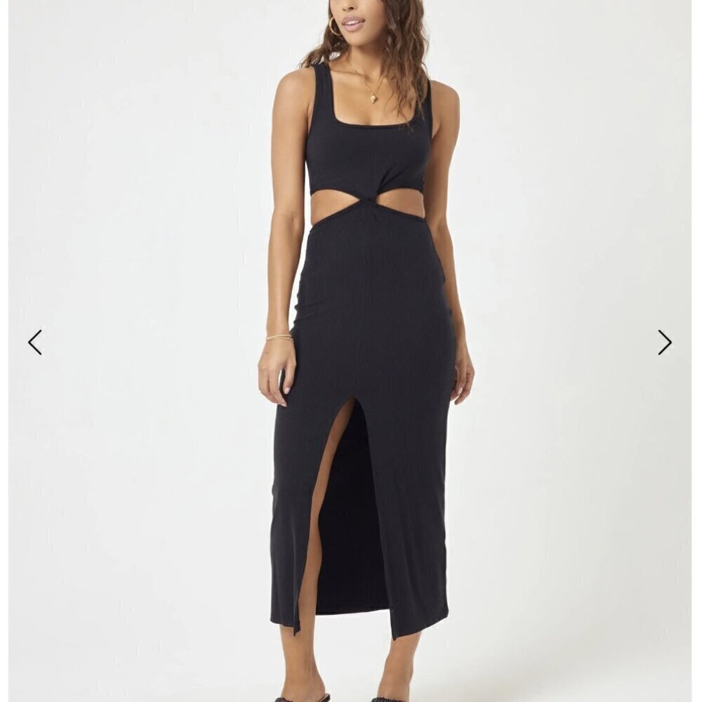 L*Space Black Twist Front Midi Ribbed Dress Small